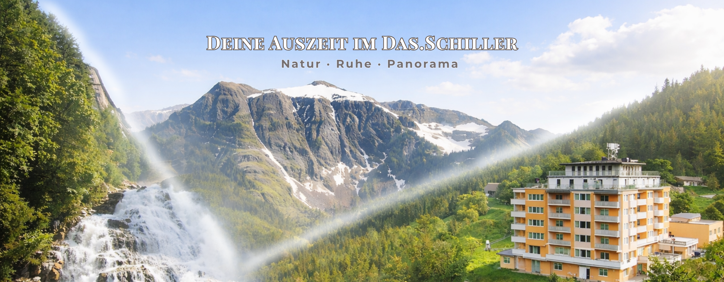 Blick über Bad Gastein mit Wasserfall, alpiner Bergkulisse und dem Hotel Das.Schiller